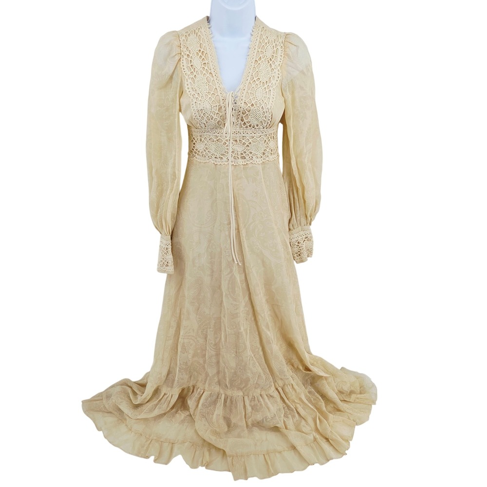 Vintage 1970s Gunne Sax Jessica Cream Crochet Maxi Prairie Sheer Dress Sz 5 - Picture 2 of 16